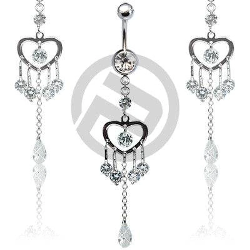 Fancy Clear CZ Heart with Gem Drop Belly Button Navel Ring