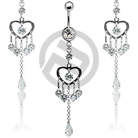 Fancy Clear CZ Heart with Gem Drop Belly Button Navel Ring