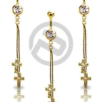 Gold Plated 2 Dangle Religious Cross Clear CZ Drop Dangle Belly Button Navel Ring