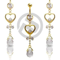 Gold Plated Clear CZ Heart and Bow Dangle Belly Button Navel Ring