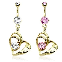 Gold Plated Heart with Prong Gem CZ Dangling Belly Button Navel Ring