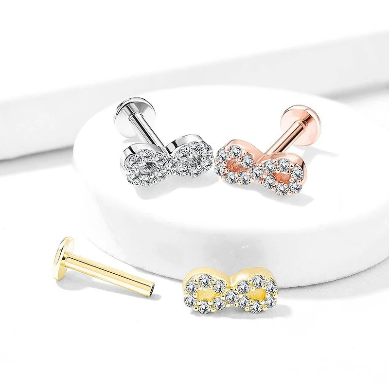 Gold Plated Infinity Symbol Internally Threaded CZ Flat Back Labret