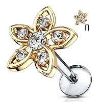 Gold Plated Internally Threaded Surgical Steel White CZ Flower Labret