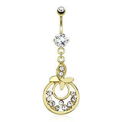 Gold Plated over Surgical Steel Belly Button Navel Ring Bar with Dangling Leaf with Paved CZs