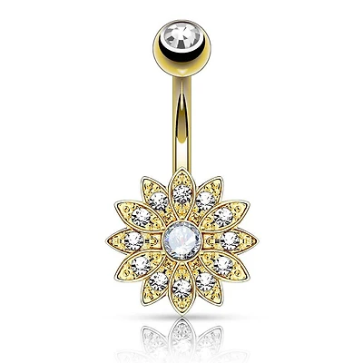 Gold Plated over Surgical Steel Paved CZ Flower with White Center Stone
