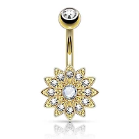 Gold Plated over Surgical Steel Paved CZ Flower with White Center Stone