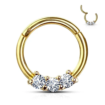 Gold Plated Surgical Steel 3 Gem White CZ Hinged Septum Ring Clicker