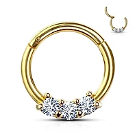 Gold Plated Surgical Steel 3 Gem White CZ Hinged Septum Ring Clicker