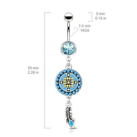 Gold Plated Surgical Steel Boho Blue Turquoise Aztec Feather Dangle Belly Ring