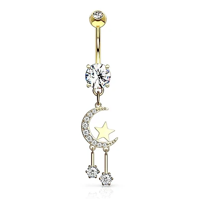 Gold Plated Surgical Steel Crescent Moon & Star Dangle Belly Button Ring