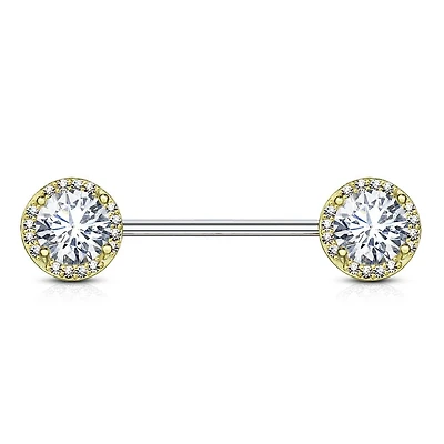 Gold Plated Surgical Steel CZ Centre Pave Nipple Ring Barbell