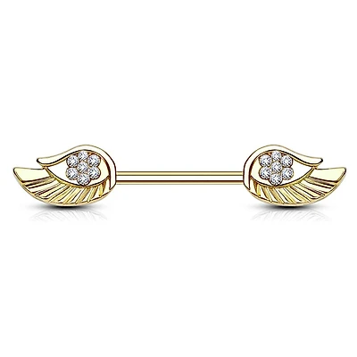 Gold Plated Surgical Steel CZ Paved Angel Wing Nipple Ring