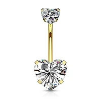 Gold Plated Surgical Steel Double Heart White CZ Gem Belly Button Ring
