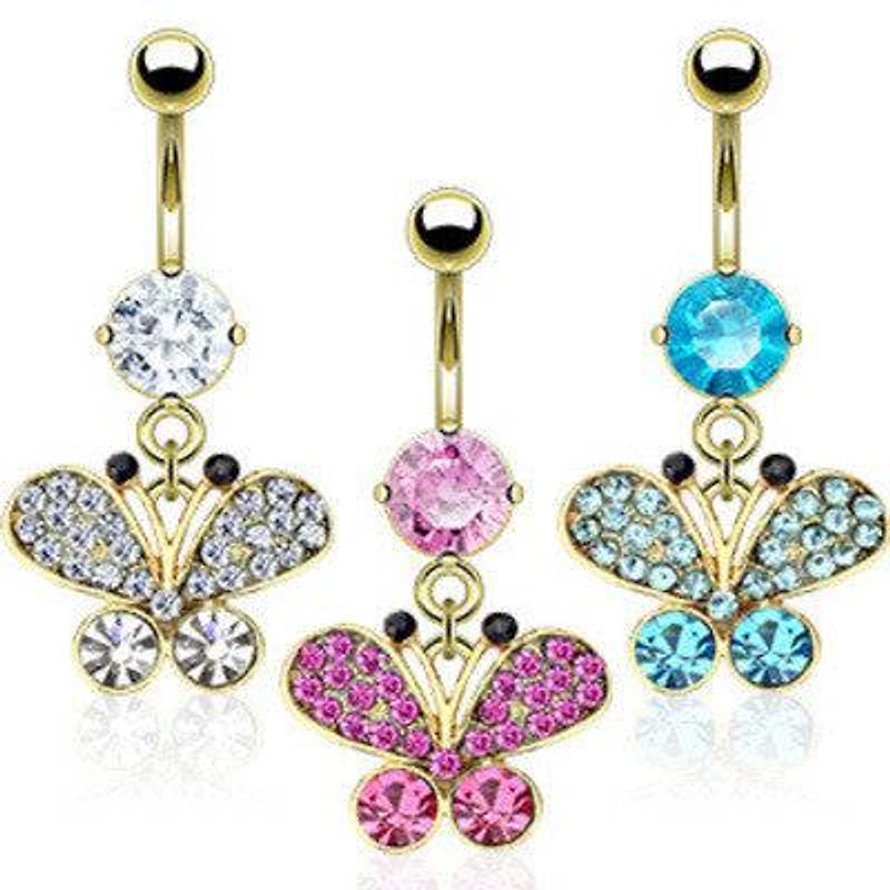 Gold Plated Surgical Steel Small CZ Dangle Butterfly Belly Button Navel Ring