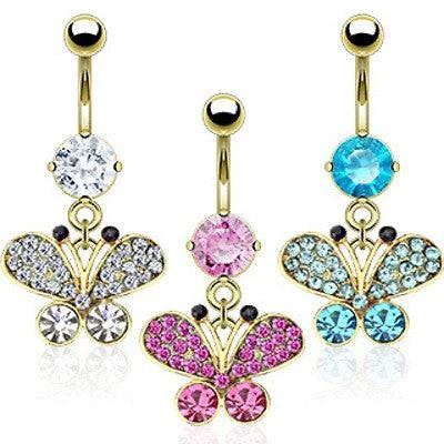 Gold Plated Surgical Steel Small CZ Dangle Butterfly Belly Button Navel Ring