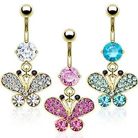 Gold Plated Surgical Steel Small CZ Dangle Butterfly Belly Button Navel Ring