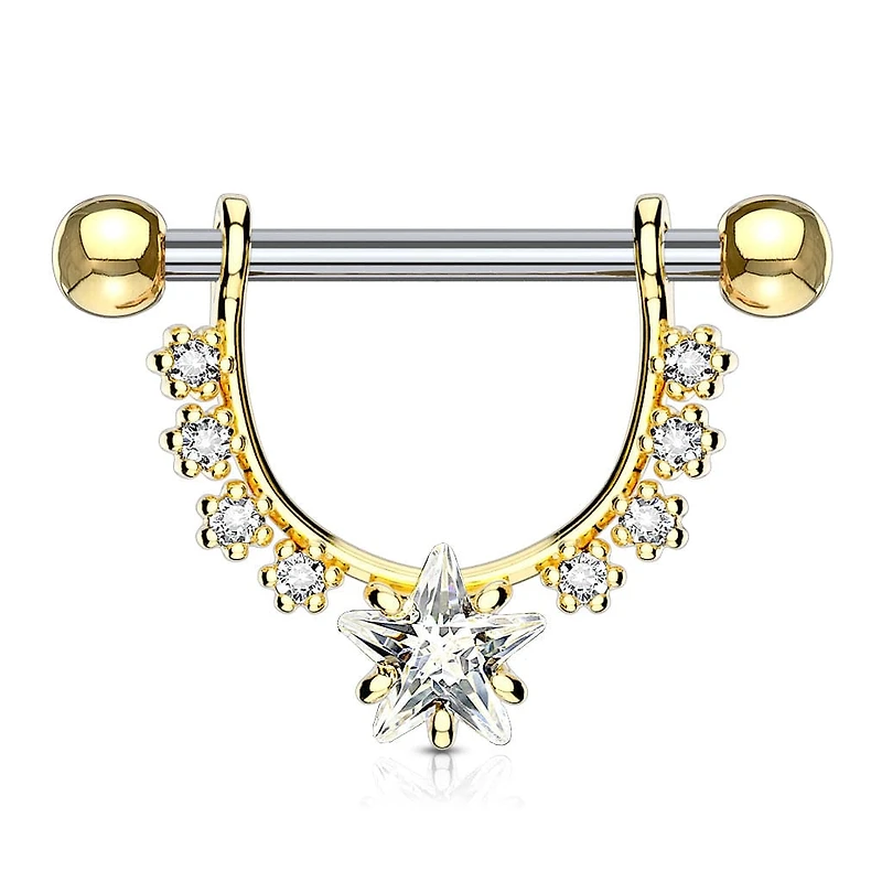 Gold Plated Surgical Steel Star Dangle White CZ Nipple Ring Barbell
