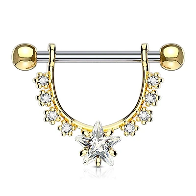 Gold Plated Surgical Steel Star Dangle White CZ Nipple Ring Barbell