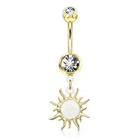 Gold Plated Surgical Steel White Glitter Opal Tribal Sun Belly Button Ring