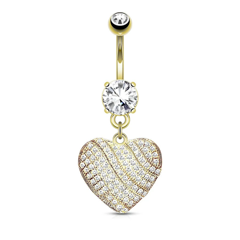 Gold Plated Surgical Steel White Pave Heart Dangle Belly Ring