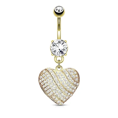 Gold Plated Surgical Steel White Pave Heart Dangle Belly Ring