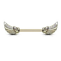 Gold Plated Surgical Steel Wing Nipple Ring with White Gems