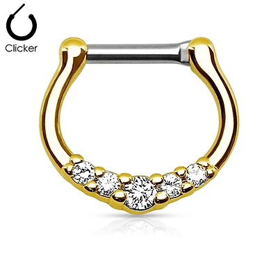Gold PVD 5 Prong White CZ Septum Ring Surgical Steel Bar Clicker