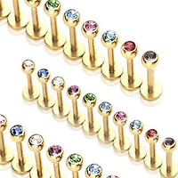 Gold PVD Flat Back Labret Stud Cartilage Ring with Ball and CZ Gem