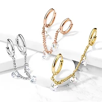Gold PVD Surgical Steel Chain Link Double Hoop Earring with White CZ Gem Dangle