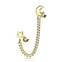 Gold PVD Surgical Steel Crescent Moon & Star Chain Link Barbell Studs