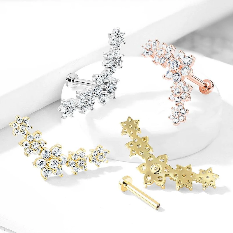 Gold PVD Surgical Steel Flower White CZ Curve Along Ear Cartilage Labret