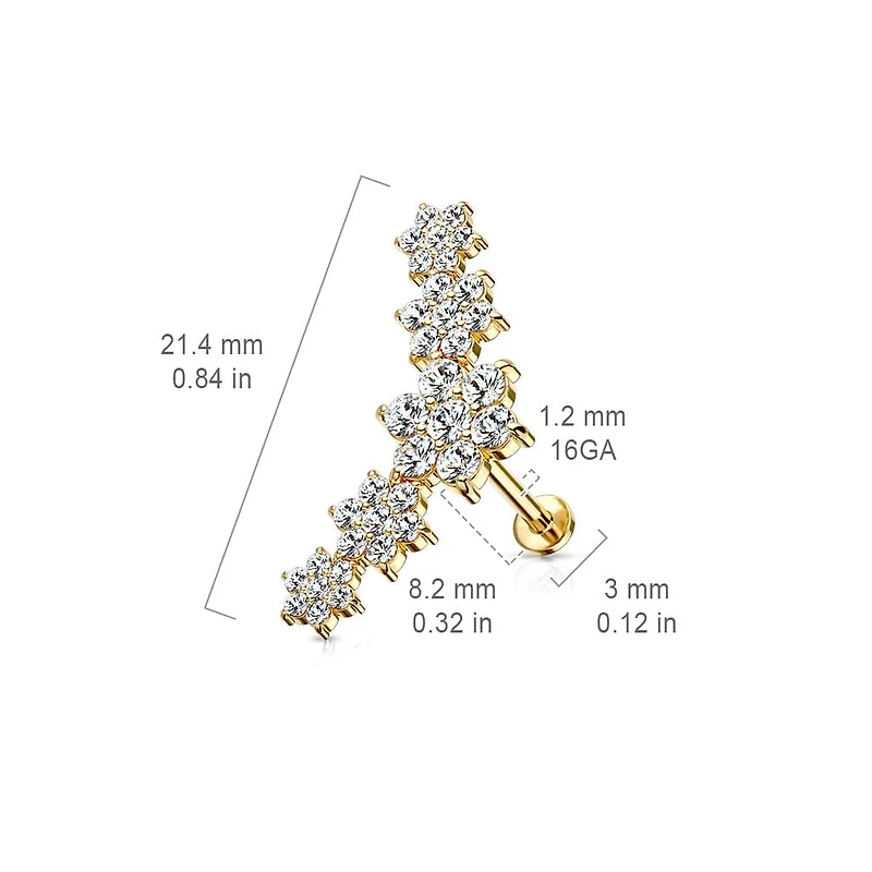 Gold PVD Surgical Steel Flower White CZ Curve Along Ear Cartilage Labret