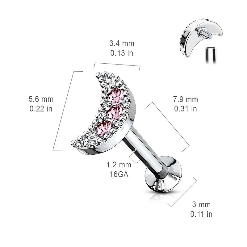 Gold Surgical Steel Internally Threaded White CZ Moon Crescent Labret