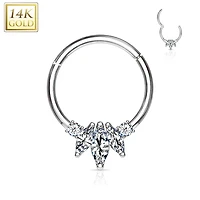 Hinged 14KT White Gold Septum Ring Clicker Hoop with 3 White CZ Marquise Crystals