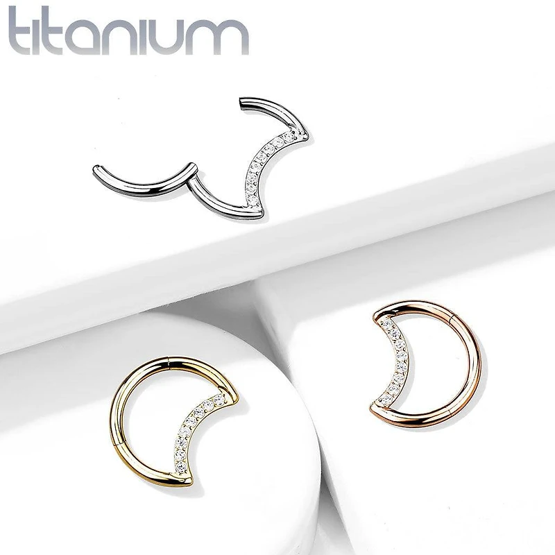 Implant Grade Titanium Crescent Moon Rose Gold PVD White CZ Hinged Clicker Hoop Daith Cartilage Ring