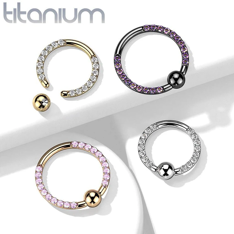 Implant Grade Titanium Front Facing White CZ Pave CBR Hoop Ring
