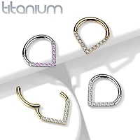 Implant Grade Titanium Gold PVD V Shaped Septum Ring Clicker Hoop White CZ Gems