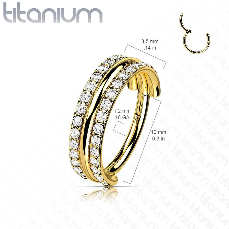 Implant Grade Titanium Gold PVD White CZ Double Line Plain Center Hinged Clicker Hoop