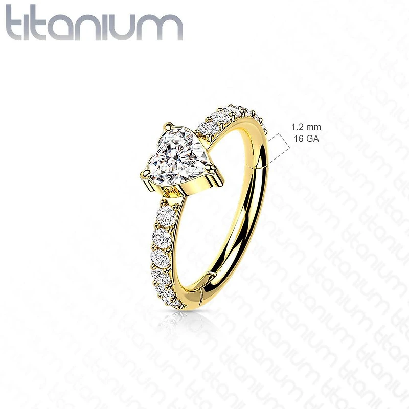 Implant Grade Titanium Gold PVD White CZ With Heart Shaped Center Hinged Clicker Hoop