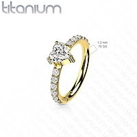 Implant Grade Titanium Gold PVD White CZ With Heart Shaped Center Hinged Clicker Hoop