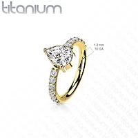 Implant Grade Titanium Gold PVD White CZ With Pear Shaped Center Hinged Clicker Hoop