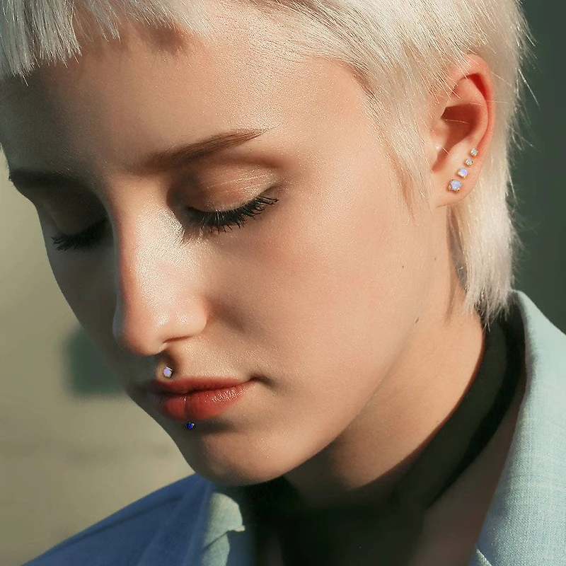 Implant Grade Titanium Gold PVD White Opal Flat Back Internally Threaded Labret Cartilage Tragus Ring