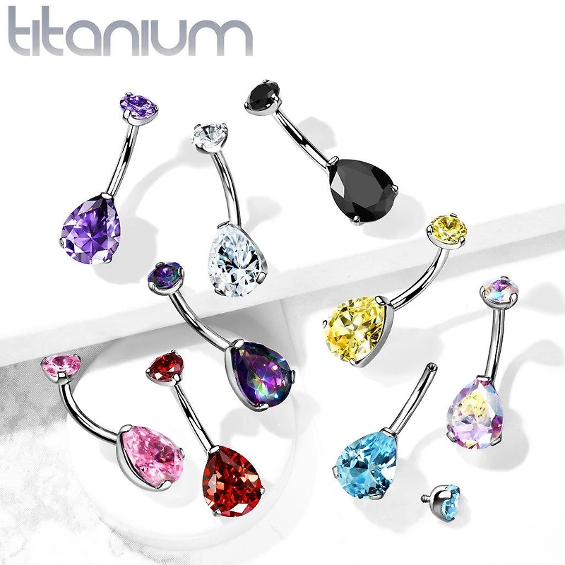 Implant Grade Titanium Internally Threaded Pear Teardrop Topaz CZ Belly Ring