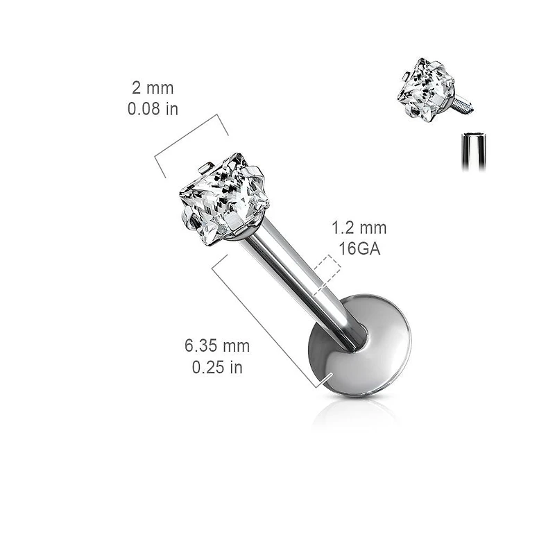 Implant Grade Titanium Internally Threaded Prong Square CZ Labret