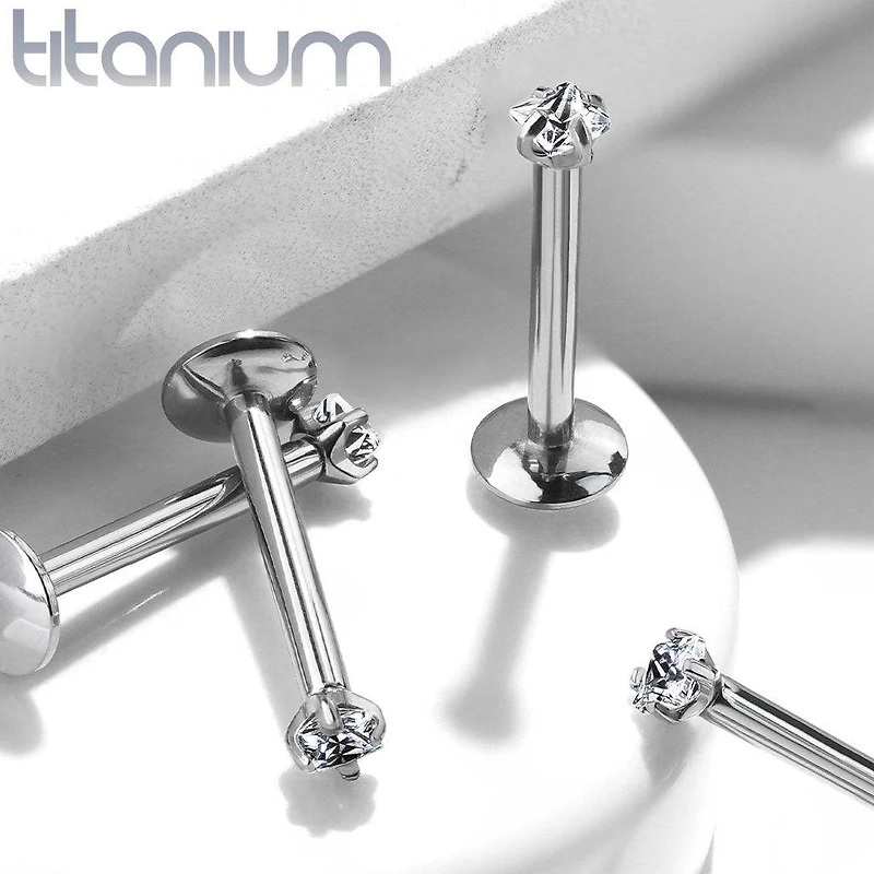 Implant Grade Titanium Internally Threaded Prong Square CZ Labret