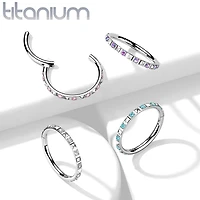 Implant Grade Titanium Ridged With Aqua CZ Gems Hinged Hoop Clicker Ring