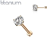 Implant Grade Titanium Rose Gold PVD Threadless Push In Flat Back White Prong CZ Nose Ring Stud