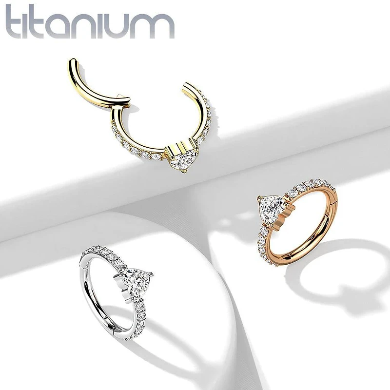 Implant Grade Titanium Rose Gold PVD White CZ With Heart Shaped Center Hinged Clicker Hoop