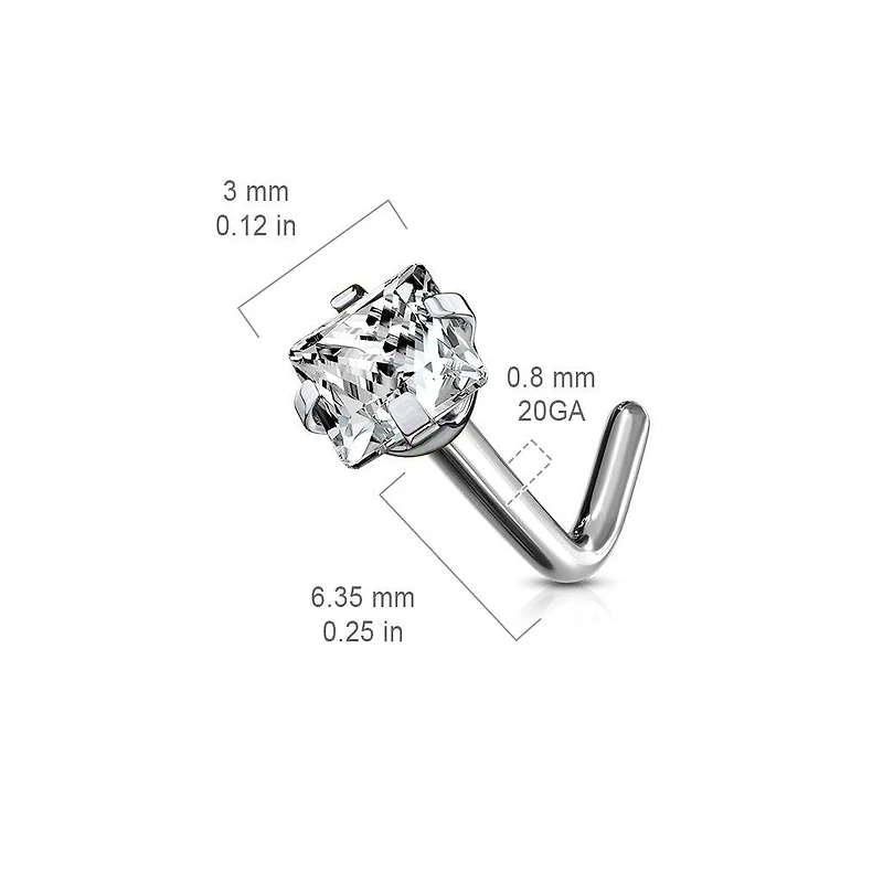Implant Grade Titanium Square Prong White CZ L shape Nose Stud