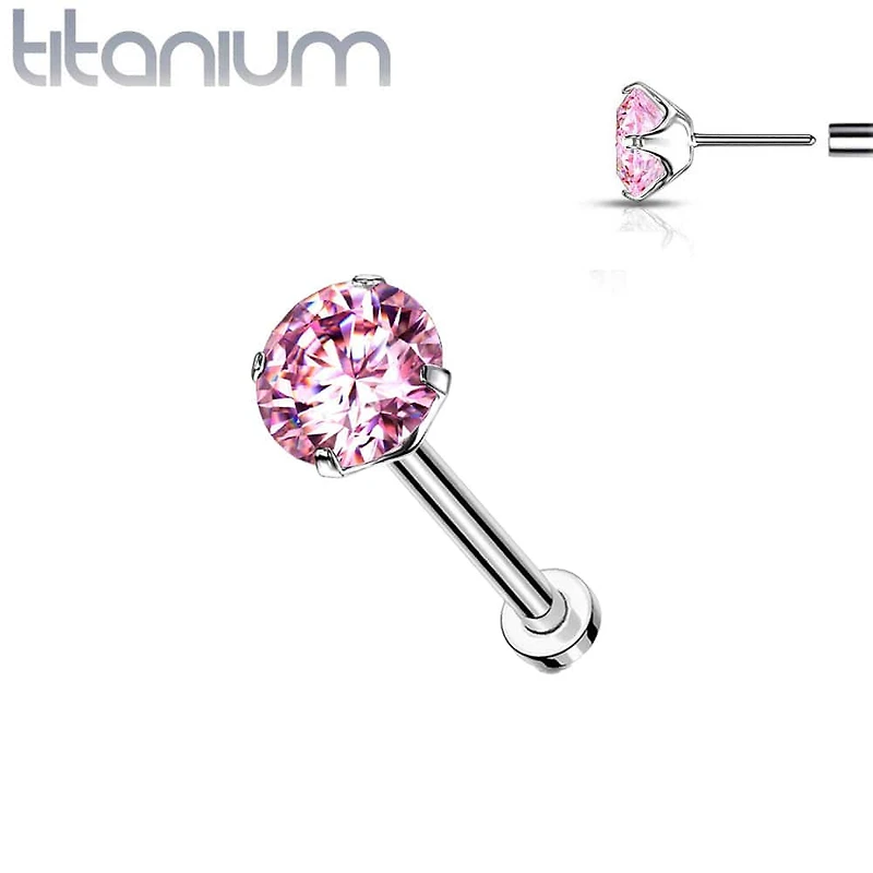 Implant Grade Titanium Threadless Push In Labret Flat Back Pink CZ Stud